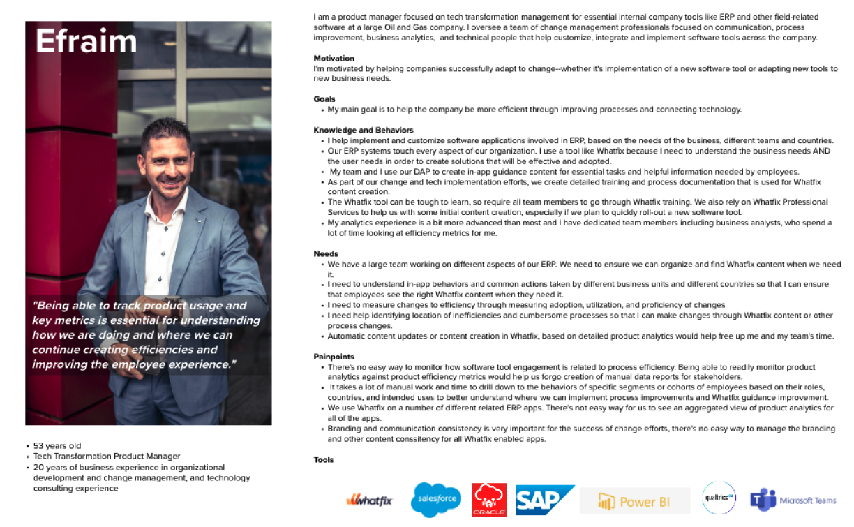 Efraim persona: tech transformation product manager in Oil & Gas.