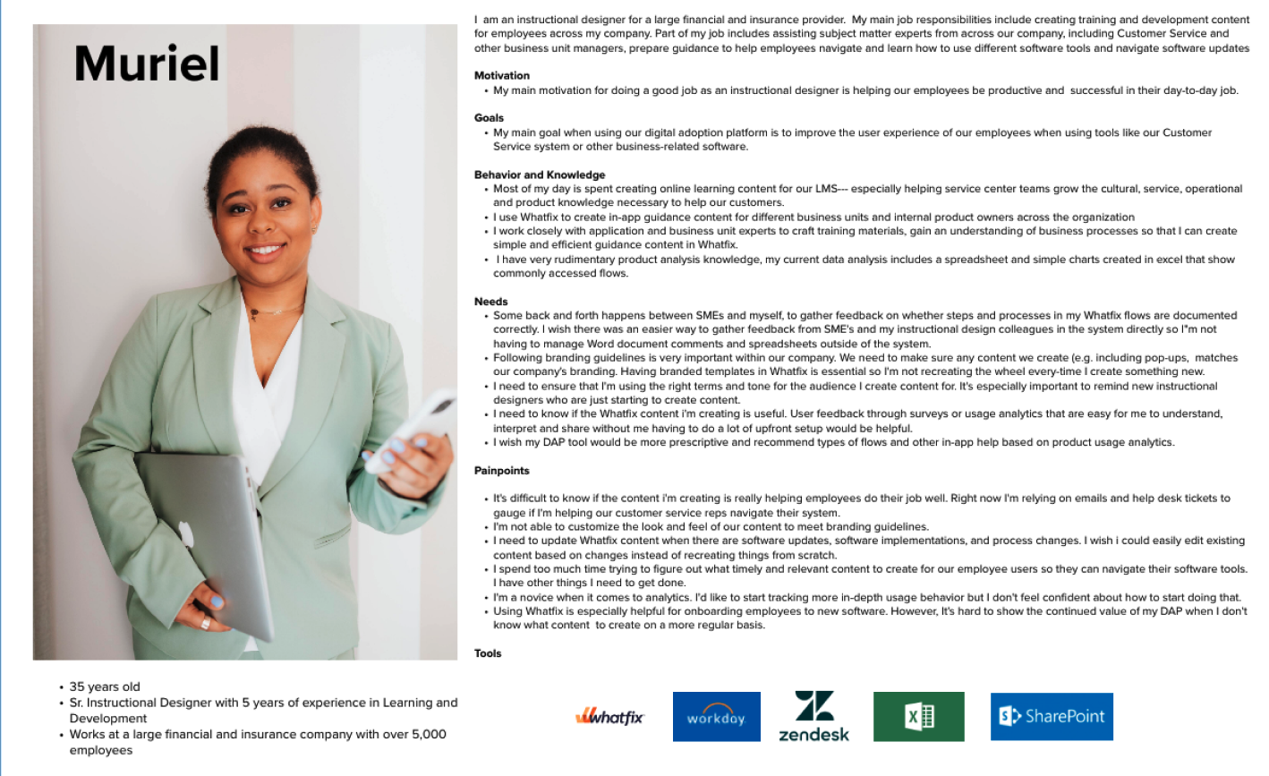 Muriel persona: L&D trainer at a large financial and insurance company.