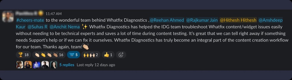 Slack cheers-mate message from the IDG team praising Whatfix Diagnostics for helping troubleshoot content without technical expertise.