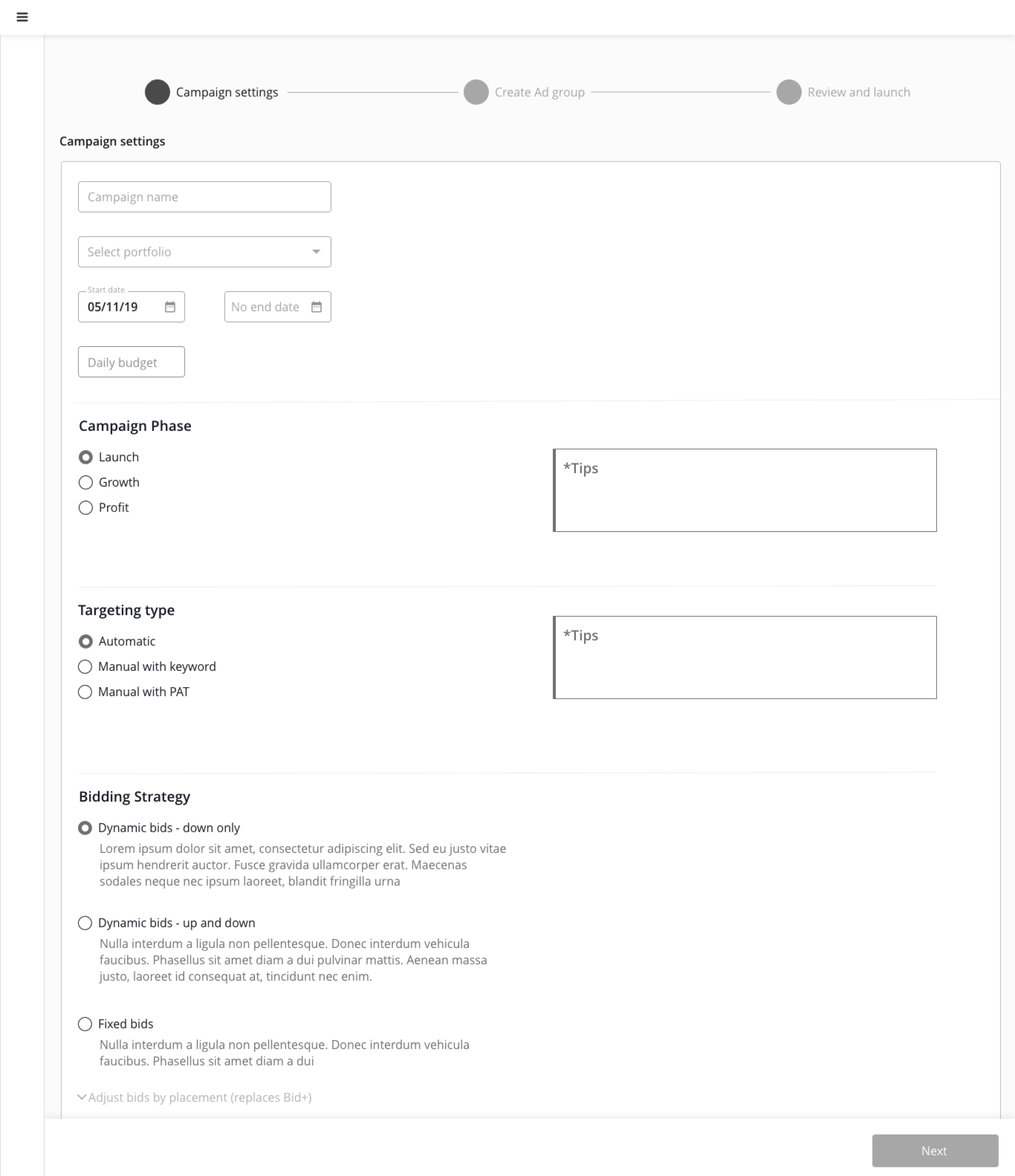 Low-fidelity wireframe for campaign creation first step.