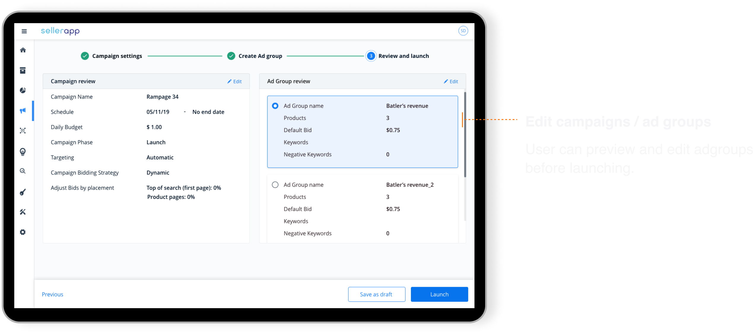 Review before launch screen summarizing campaign configuration.