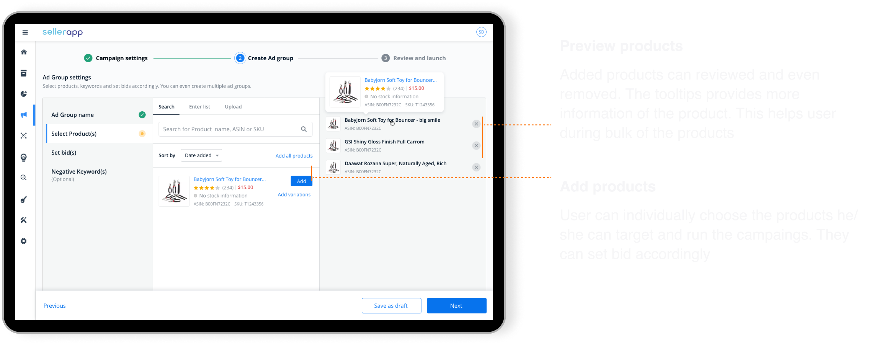 Add products step in campaign wizard.