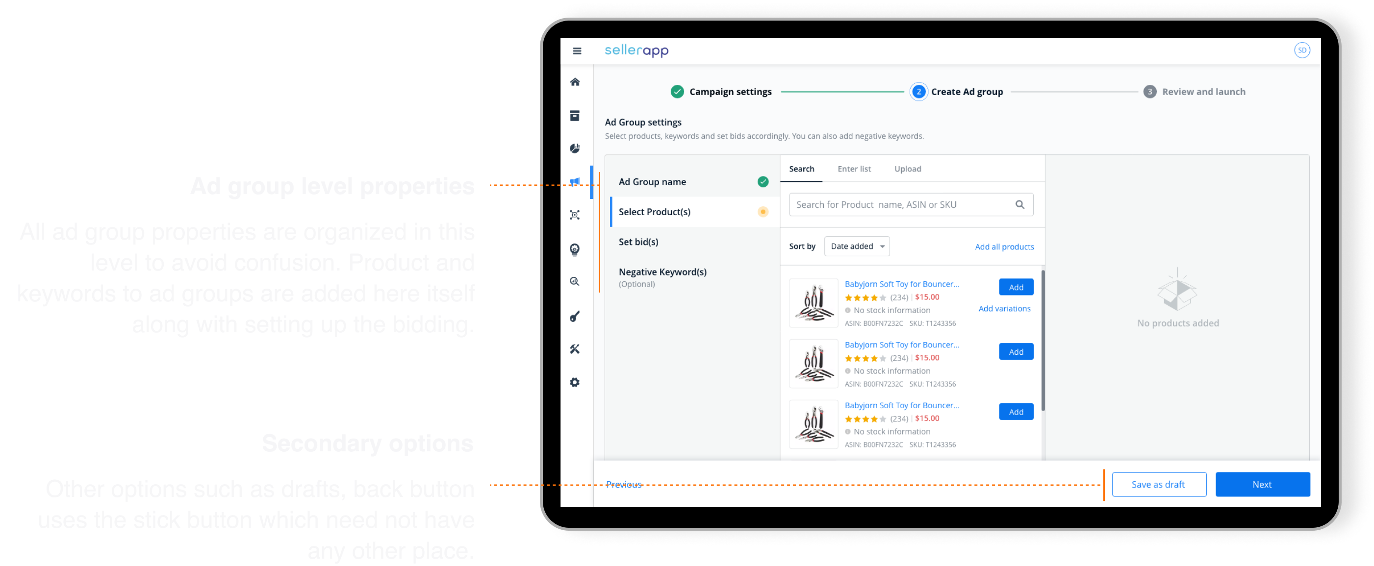 High-fidelity ad group creation screen.