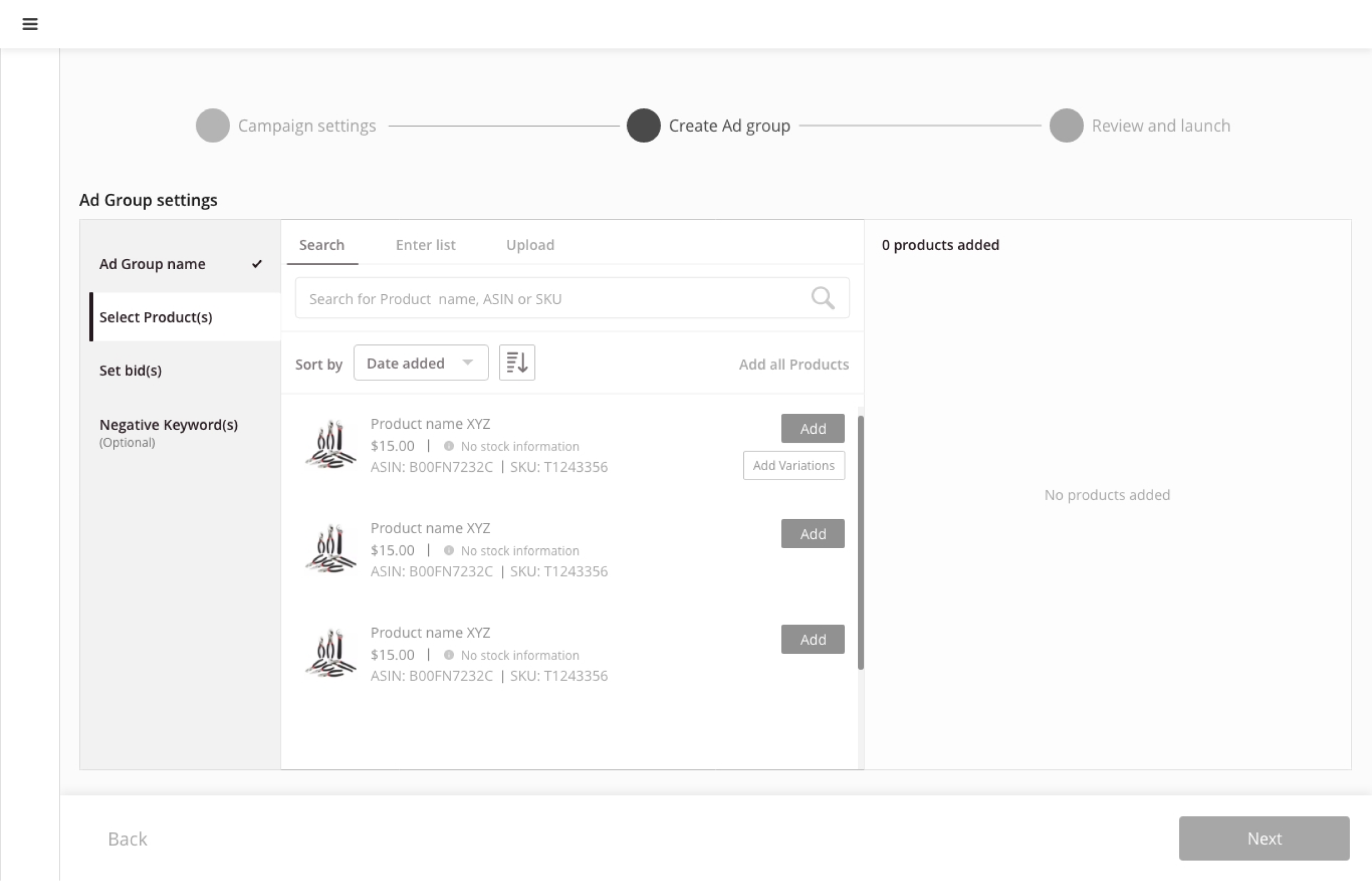 Low-fidelity wireframe for ad group creation step.