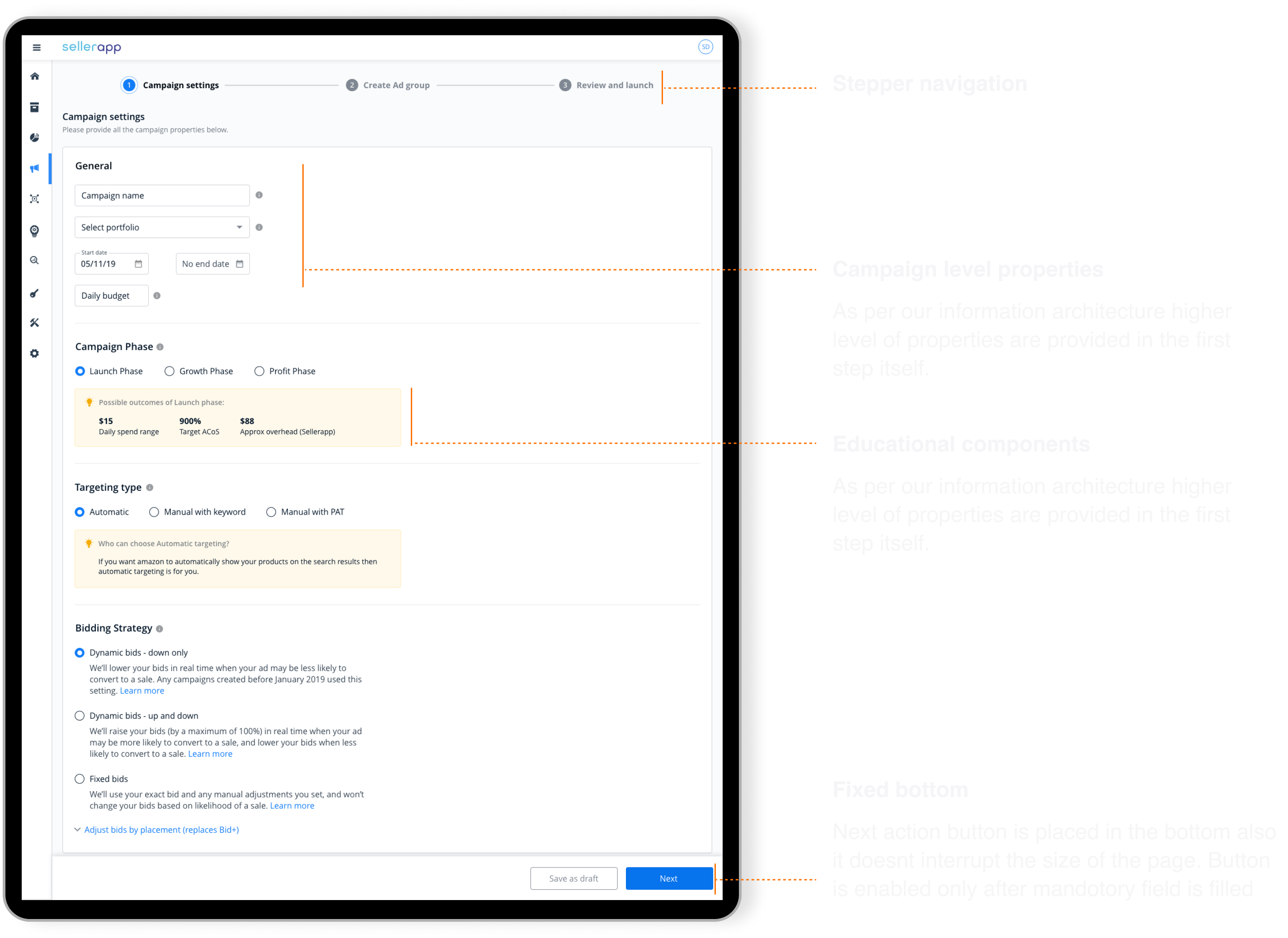 High-fidelity campaign creation screen with campaign settings and budget fields.