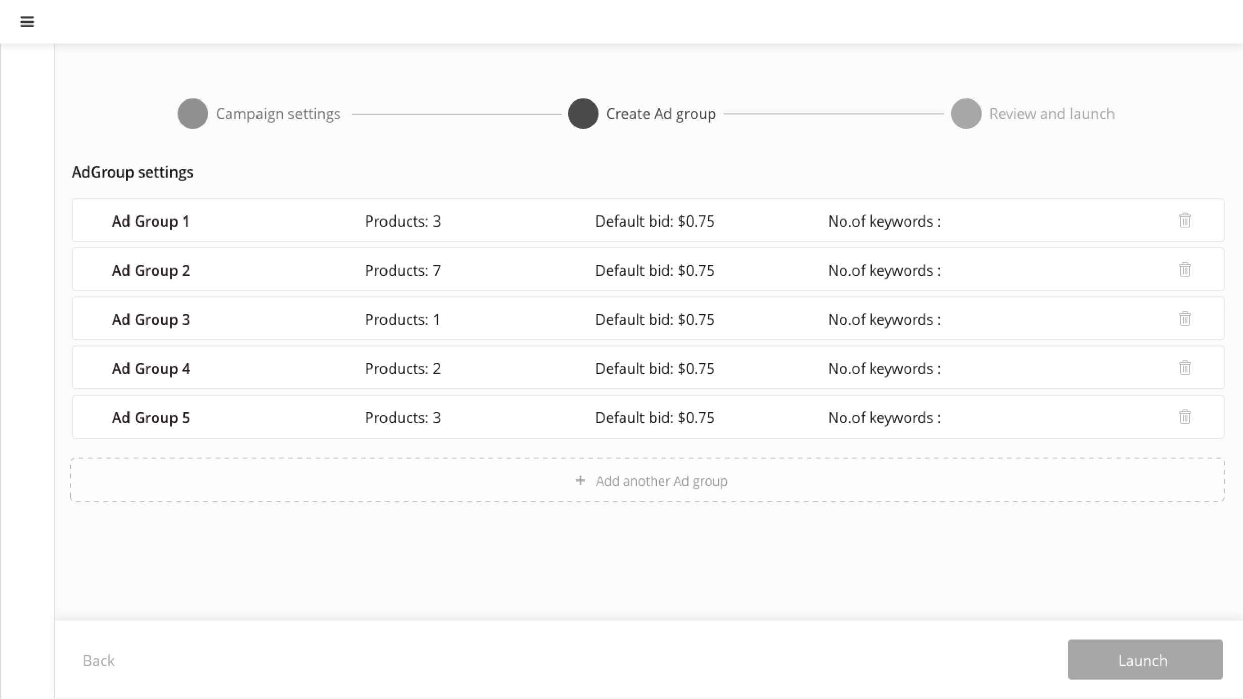 Low-fidelity wireframe for multiple ad groups within one campaign.