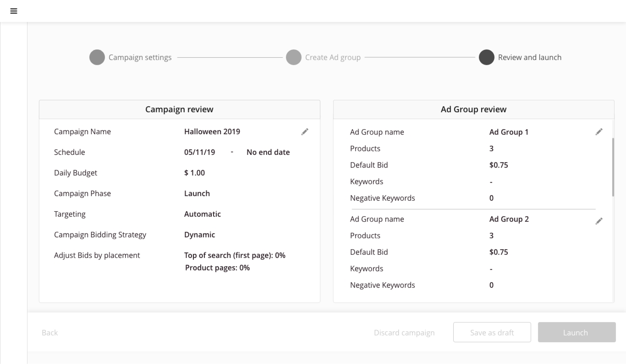 Low-fidelity wireframe for review before launch step.