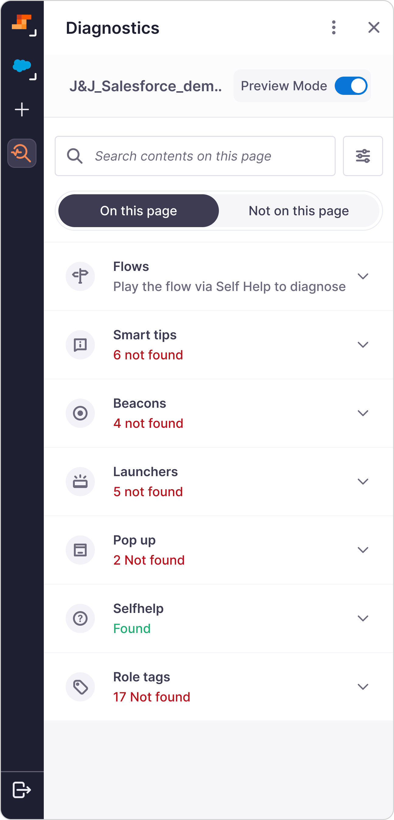 Diagnostics panel home after dismissing the onboarding tooltip, with content-type status counts and no toast overlay.
