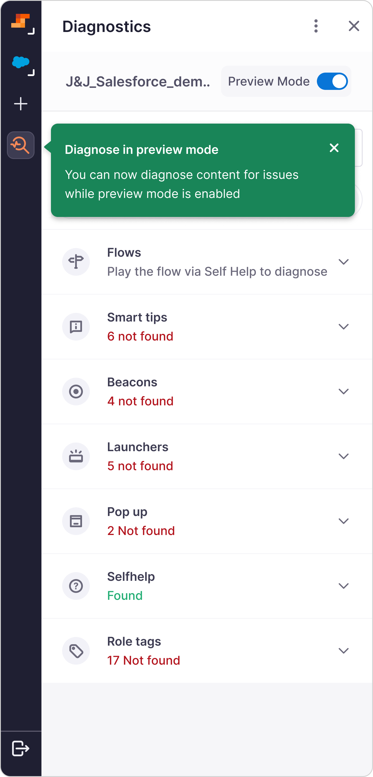 Diagnostics panel home with a green onboarding tooltip anchored to the Diagnostics tab, announcing diagnose-while-previewing.