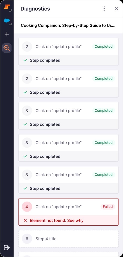 Flow diagnostics showing completed and failed steps with element-not-found error detail.