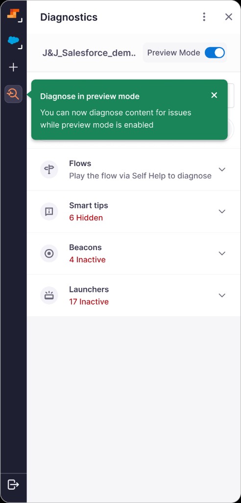 Diagnostics panel in preview mode with onboarding toast for diagnosing content while previewing.
