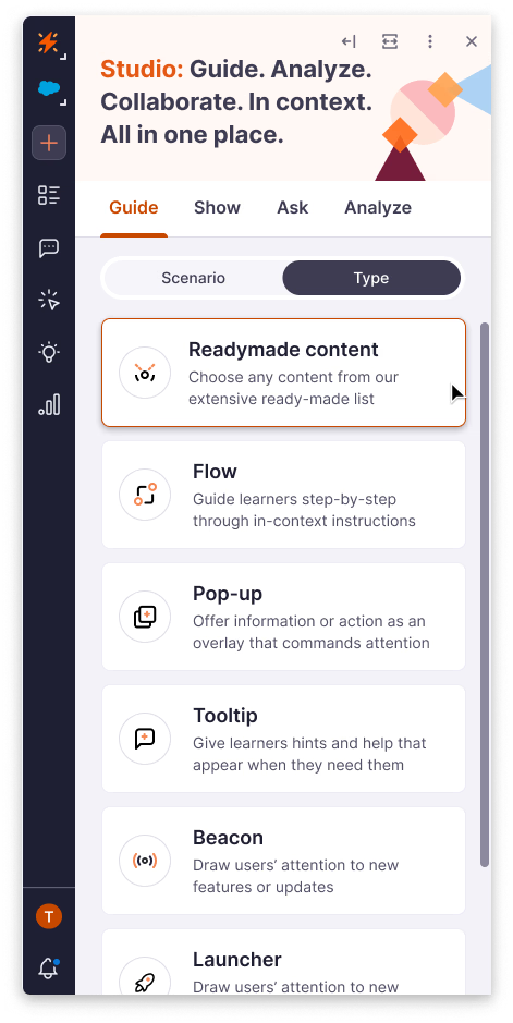 Studio Get Started screen with Use case and Type paths into Readymade content, Flow, Pop-up, Tooltip and Beacon.