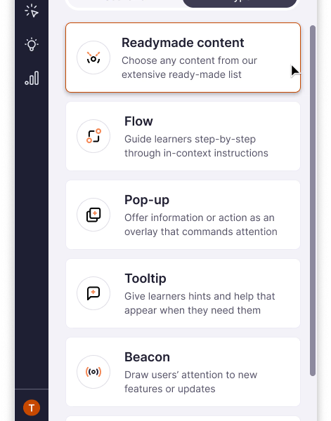 Studio content creation cards for Readymade content, Flow, Pop-up and Tooltip.